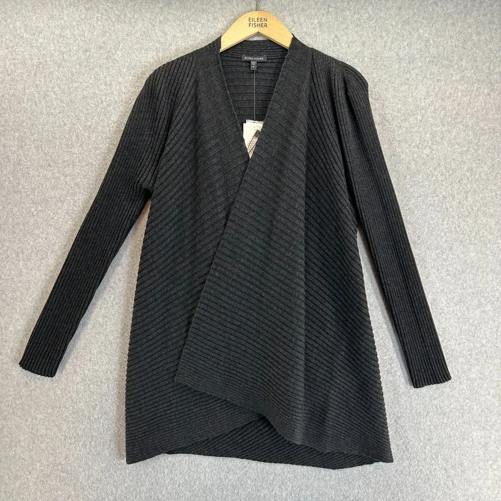Eileen Fisher Merino Wool Ribbed Cardigan Sweater Charcoal Gray Size Medium NWT